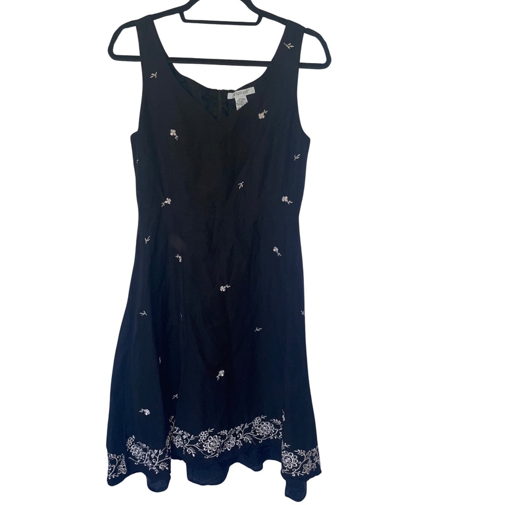 Paraphrase Black Flare Embroidered Floral V-Neck Fully Lined Linen Blend Sz 8